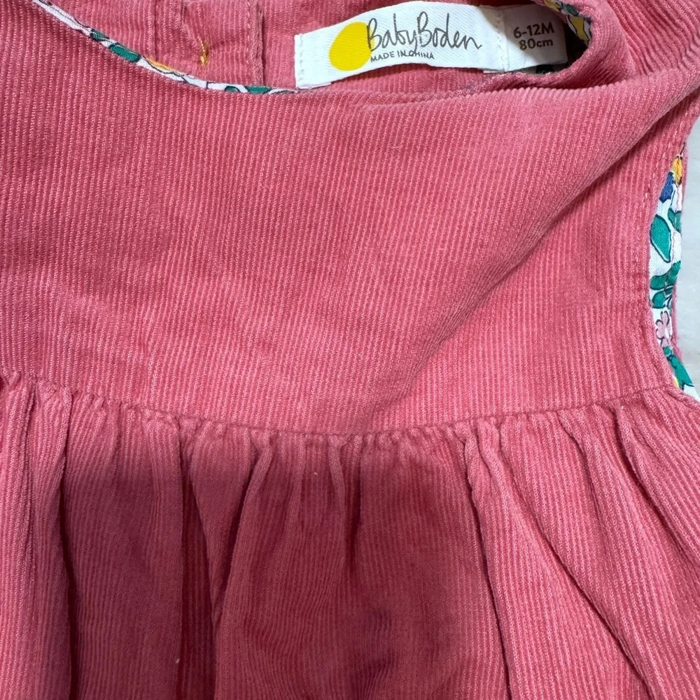 Baby Boden Pink Corduroy Baby Girl Dress with Animal Embroidery on the Hem 6-12M